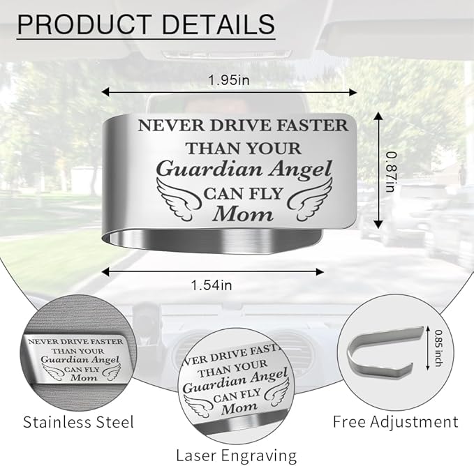 Never Drive Faster Than Your Guardian Angel Can Fly Mom Engraved Stainless Steel Car Visor Clip, Inspirational Guardian Angel Safe Driving Gifts for Son Daughter, Drive Safe Reminder Gifts