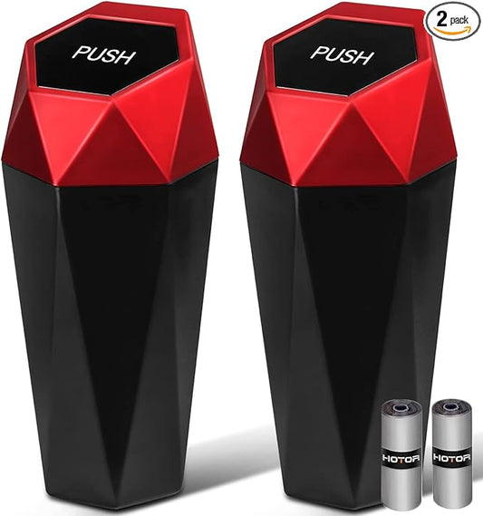 HOTOR Car Trash Can, 1200ml Capacity, Red Color, Plastic Material, Flipping Lid, 30 Attached Bags Included