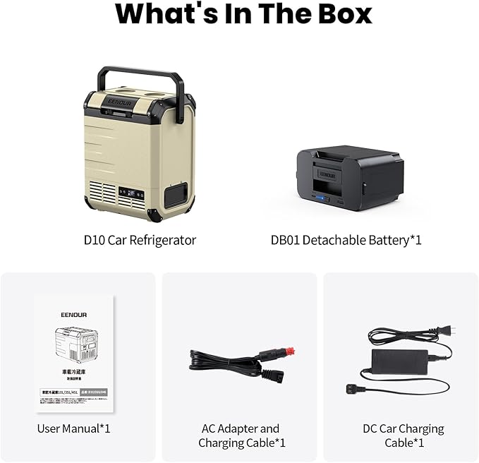 EENOUR D10 12 Volt Car Refrigerator, Portable Freezer 10.6Qt/10L Battery & Solar Powered Cooler 25W, -4~50℉, 12/24V DC, 110~240V AC, Idea for 2 People, Road Trips, Truck, Camping (Battery Included)
