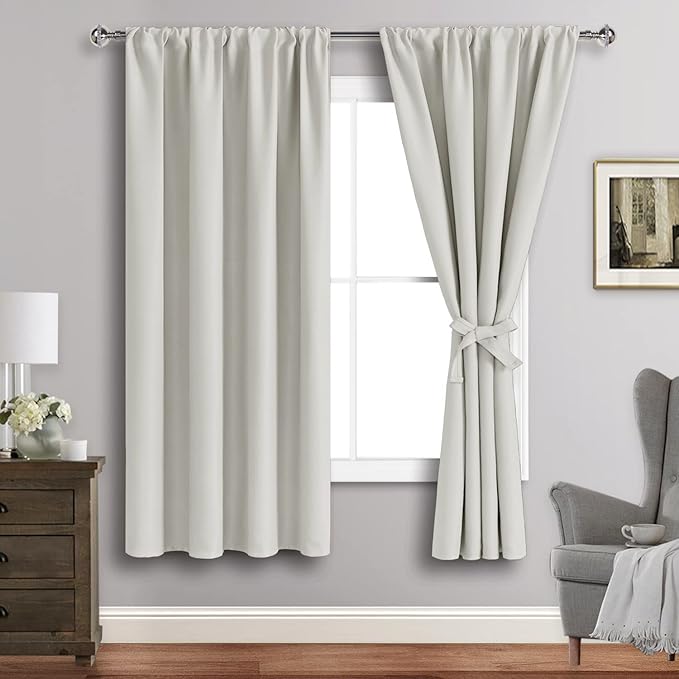 JIUZHEN Blackout Curtains for Bedroom - Thermal Insulated Room Darkening Rod Pocket Curtains for Living Room, Set of 2 Panels with Tiebacks, 38 x 63 Inch Length, Ivory