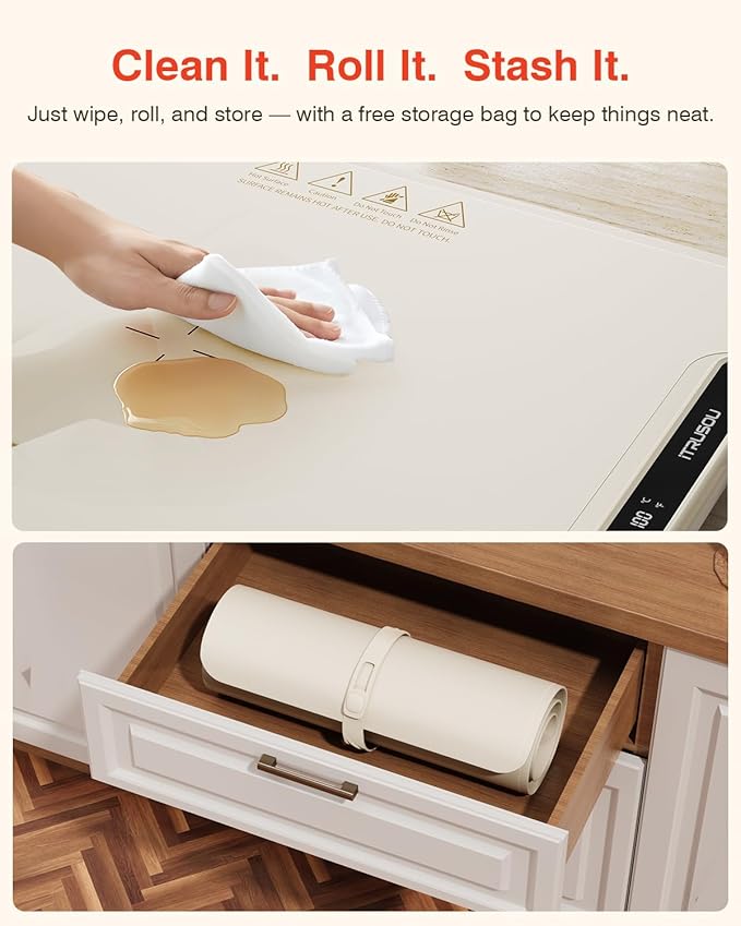 Warming Mat for Food, iTRUSOU Electric Warming Tray with 1–99H Timer, 7 Temp Settings, Patented Full-Surface Heating, °F/°C Switch, Flexible Roll-Up Food Warmers for Parties Buffet, Everyday Use