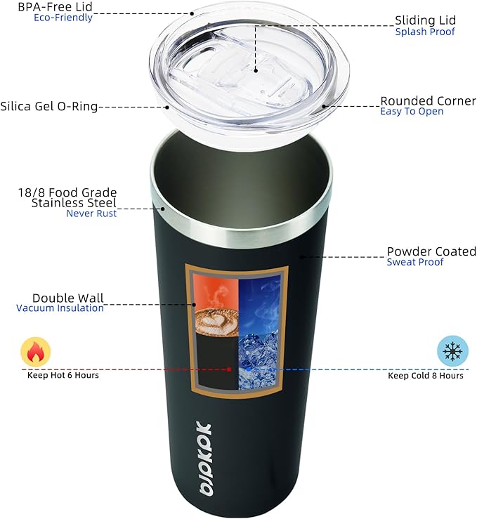 BJPKPK Black Skinny Stainless Steel Tumblers 20 oz Slim Insulated Reusable Coffee Travel Water Tumbler Cup With Lid