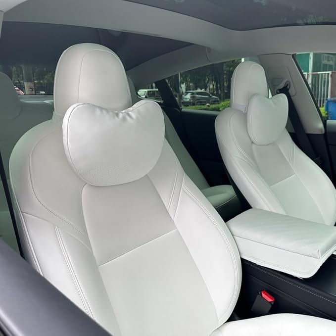 TESBEAUTY Nappa Leather Seat Headrest Pillow 2 Packs for Tesla Neck Pillow Uniquely Designed for Tesla Model X/SY/3 Higher Version Fits Taller Than 5'7", Genuine Nappa Leather Visible Strap White
