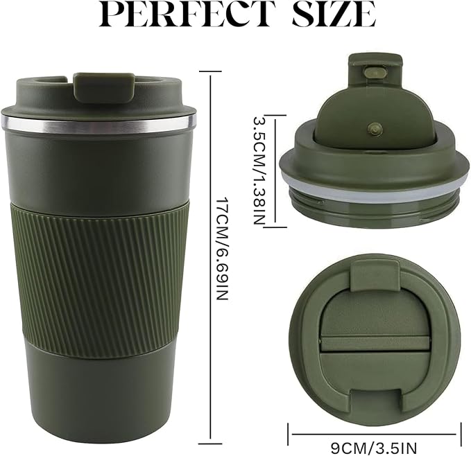 YINBAOGE Insulated Travel Coffee Mug, Spill & Leak Proof, Portable To Go Camping Stainless Steel Coffee Tumbler, Reusable Thermal Coffee Cup with Lid for Hot & Cold Drinks (Green, 17 OZ)