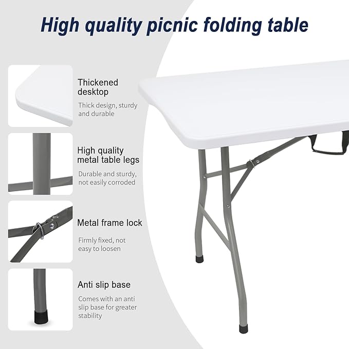 70.8" W X 29" D X 29" H - 6 ft Folding Table White Portable Heavy Duty Plastic Fold-in-Half Utility Foldable Table for Camp,Picnic & Party