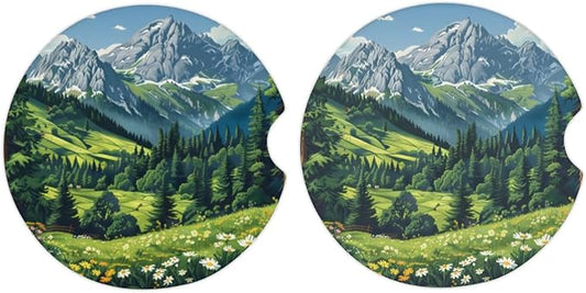 Cup Holder Coaster for Car, 2 Pack Car Coasters for Cup Holders, Cork Base Car Cup Coasters for Drinks, Universal Funny Car Accessories, Table Coaster Home Decor (Landscape Mountain)