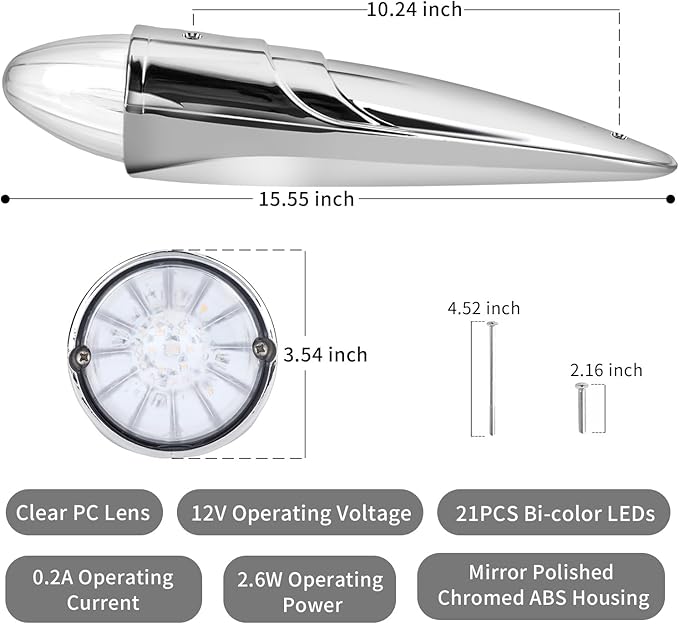 1PC 21 LED Dual Color Chrome Cab Marker Light, Torpedo Cab Marker Roof Running Top Lights, Replacement for Heavy Duty Trucks Kenworth Freightliner Peterbilt International Mack, Amber/Blue