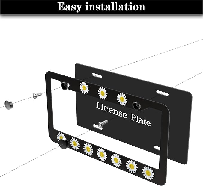 Automotive Exterior Accessories White, Black, Yellow License Plate Frames Daisy Cute Girly Gift Aluminum Metal Car Accessory 2 Pack with Screw Covers Set