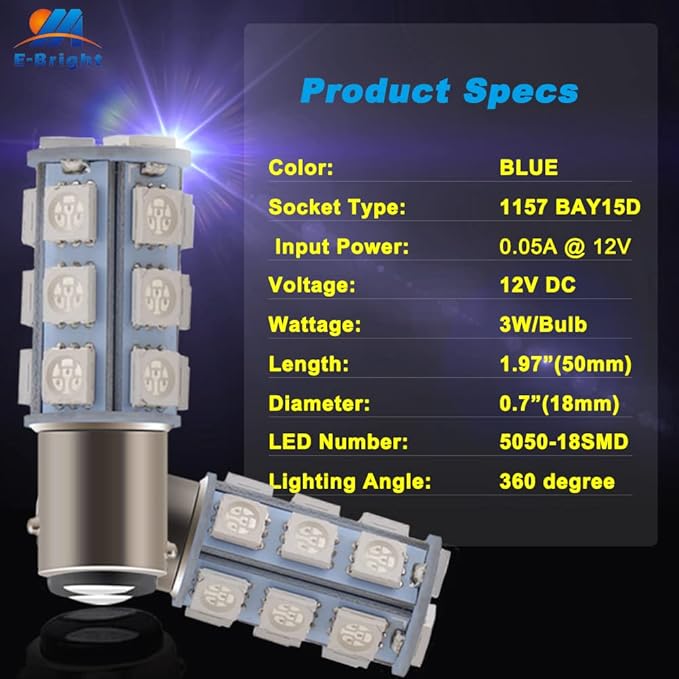 YM E-Bright Blue 1157 Led Bulb, 1016 1034 7528 BAY15D Base 18 SMD 5050 LED Replacement Bulb For RV SUV MPV Car Brake Light Backup Lamps DC 12V (Pack of 4)