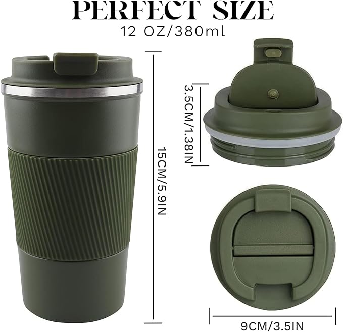 YINBAOGE Insulated Travel Coffee Mug, Spill & Leak Proof, Portable To Go Camping Stainless Steel Coffee Tumbler, Reusable Thermal Coffee Cup with Lid for Hot & Cold Drinks (Green, 12 OZ)