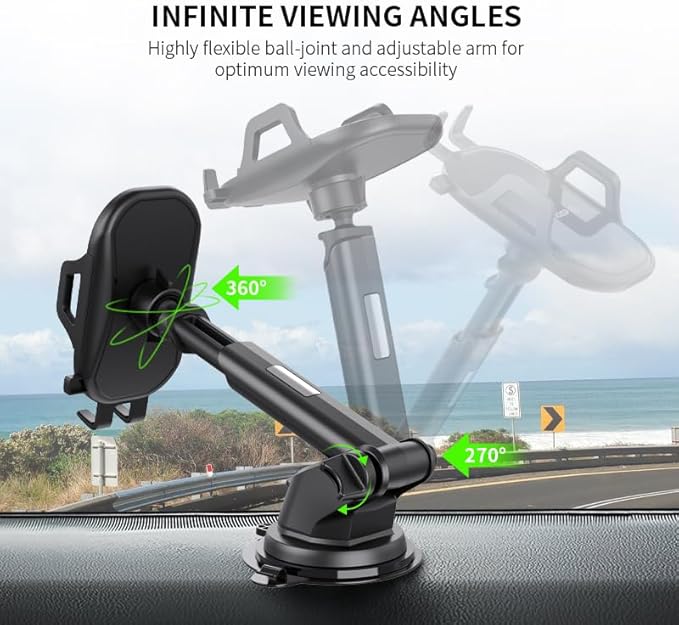 Esoulk 360° Rotating Windshield & Dashboard Car Phone Holder – Strong Suction Cup, Adjustable Long Arm, Secure Grip, Compatible with iPhone, Samsung, Android, GPS (Dash (Slide Arm))