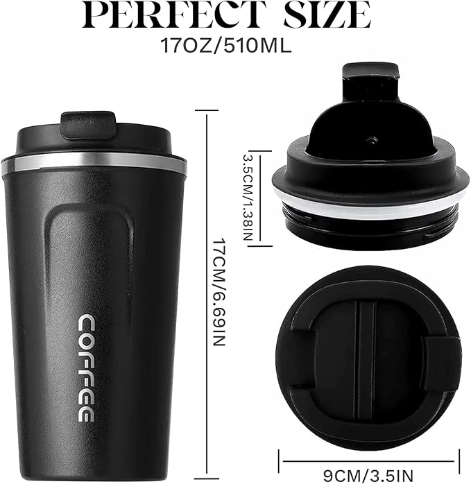 YINBAOGE Insulated Travel Coffee Mug, Spill & Leak Proof, Portable To Go Camping Stainless Steel Coffee Tumbler, Reusable Thermal Coffee Cup with Lid for Hot & Cold Drinks (2nd-Black, 17 OZ)