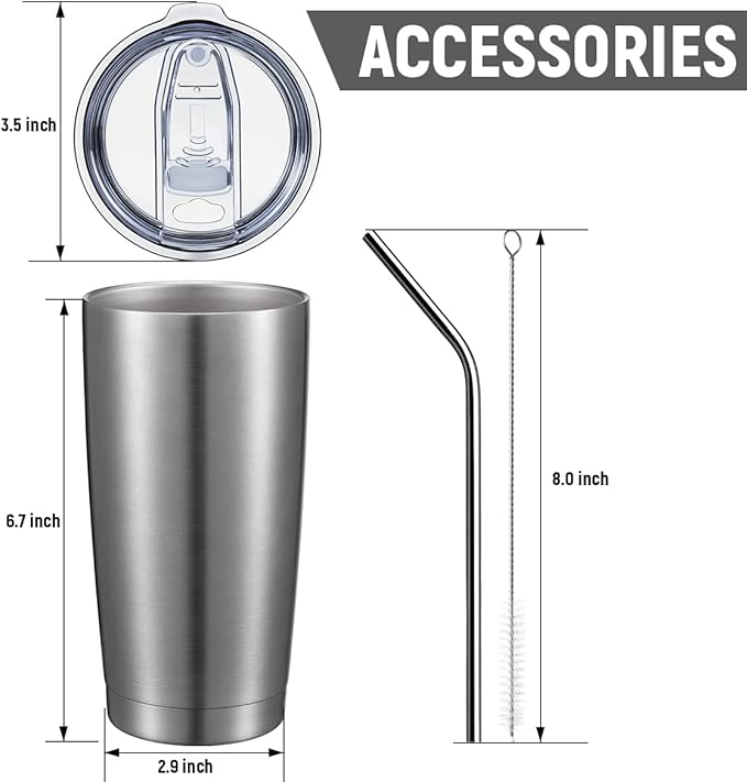 COMOOO 20oz Stainless Steel Tumbler Bulk Double Wall Vacuum Coffee Cup Insulated Travel Mug with Lid and Straw Durable Powder Coated Insulated Coffee Cup for Cold & Hot Drinks (silver, 6 pack