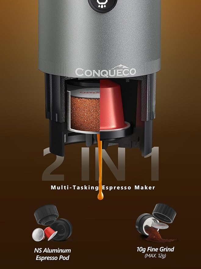 CONQUECO Portable Espresso Machine Travel: 8 cups 12V Electric Coffee Maker with Battery for Camping - 2.5 Mins Self Heating - With Ground Coffee & NS Capsule for RV, Hiking, Office