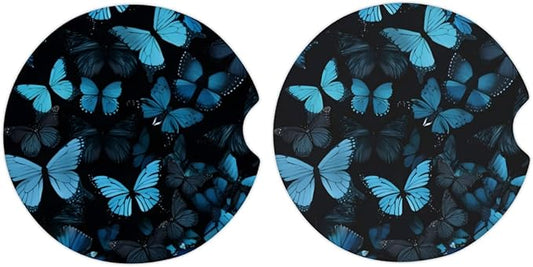 Cup Holder Coaster 2 Pack - Cork Base Universal Car Cup Coasters for Drinks - Funny Aesthetic Car Accessories, Table Coaster Home Decor (Blue Butterfly)