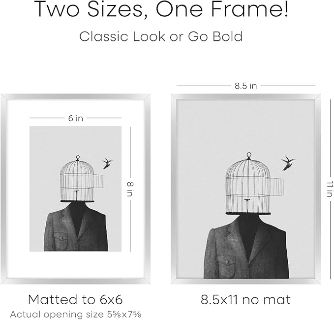 Homeforia 8.5x11 Picture Frame Silver, High End Metal 8.5 x 11 Poster Frames with Mat 6 by 8 Photo, 11x8.5 Frame Matted to 6x8 Print, 8.5by11 Wall or Tabletop Frame, Tempered Glass, Wall Kit, Set of 2