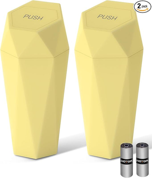 HOTOR Car Trash Can with Lid - 2 Pack, Car Accessories for Interior, Leakproof Vehicle Garbage Can with 30 Attached Trash Bags, Multipurpose Organizers and Storage for Home, Office, Yellow