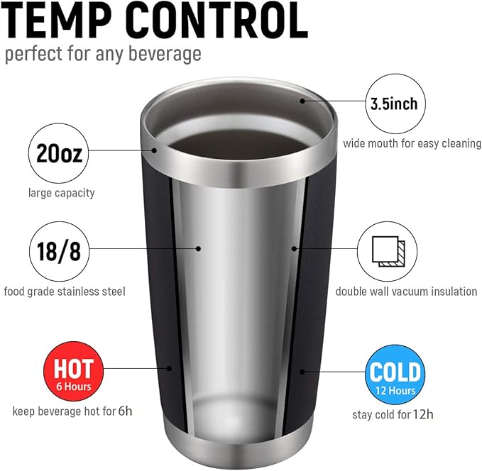 COMOOO 20oz Double Wall Vacuum Insulated Travel Mug, Stainless Steel Tumbler with Lid and Straw Durable Powder Coated Insulated Coffee Cup for Cold & Hot Drinks (Black, 12 pack