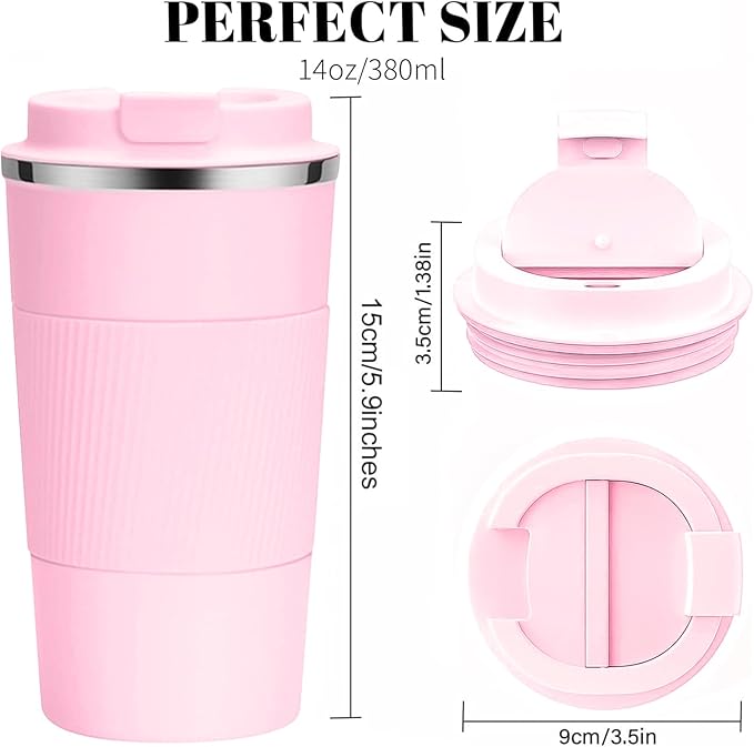 YINBAOGE Insulated Travel Coffee Mug, Spill & Leak Proof, Portable To Go Camping Stainless Steel Coffee Tumbler, Reusable Thermal Coffee Cup with Lid for Hot & Cold Drinks (Pink, 12 OZ)