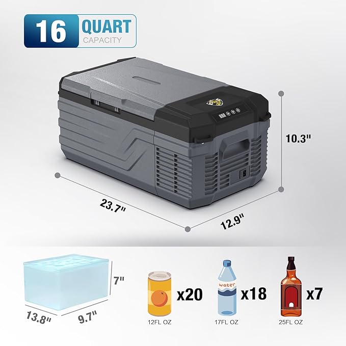 YELLOW JACKET 12 Volt Car Refrigerator, 16 Quart Electric Cooler, Portable Car Fridge for Outdoor Camping Travel, 12V/24V DC 110~240 Volt AC Refrigerator for Truck RV Home Office,-4℉-68℉