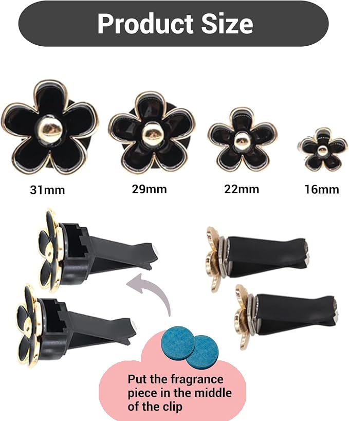 Daisy Flower Car Air Freshener Vent Clips, 4 Pcs Cute Car Accessories for Women Interior, Girly Decor Essentials, Truck Accessories, for Bathroom Office Pet Houses (Black, 3.1cm 2.9cm 2.2cm 1.6cm)