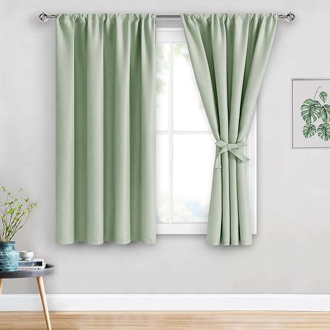 JIUZHEN Blackout Curtains for Bedroom - Thermal Insulated Room Darkening Rod Pocket Curtains for Living Room, Set of 2 Panels with Tiebacks, 38 x 54 Inch Length, Light Green