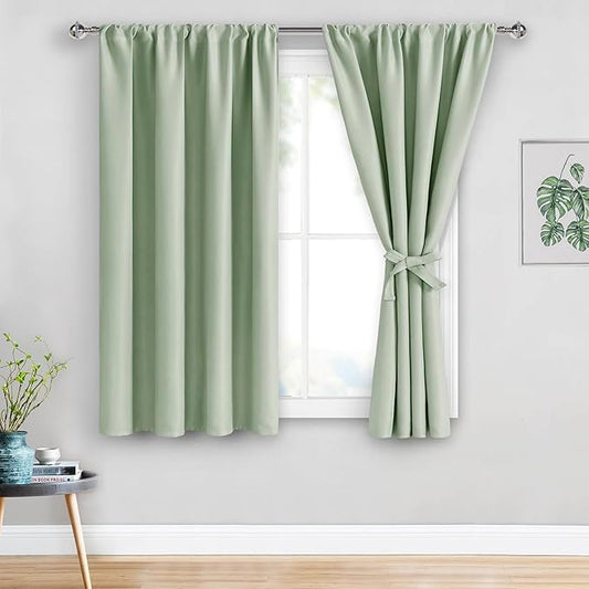 JIUZHEN Blackout Curtains for Bedroom - Thermal Insulated Room Darkening Rod Pocket Curtains for Living Room, Set of 2 Panels with Tiebacks, 38 x 54 Inch Length, Light Green