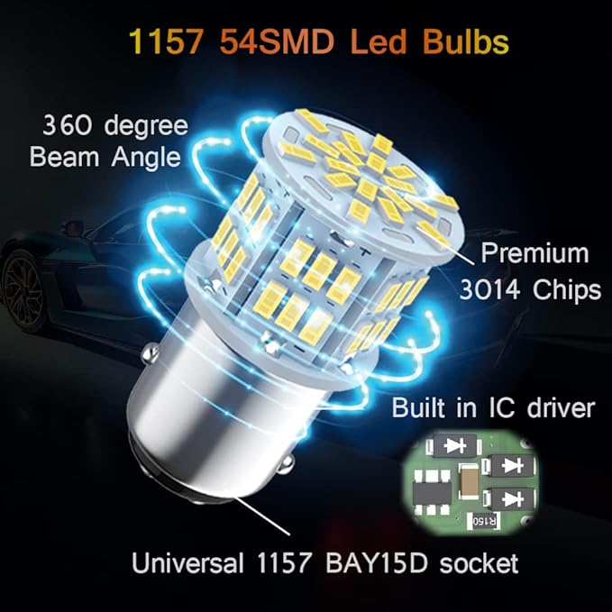 1157 Led Brake Light Bulb, 12V-24V 1157 7528 2357 2057 BAY15D LED Replacement Light Bulb for Brake Tail Light for Car RV Trailer Boat, 54SMD 3014 Chipset White light, 4PCS