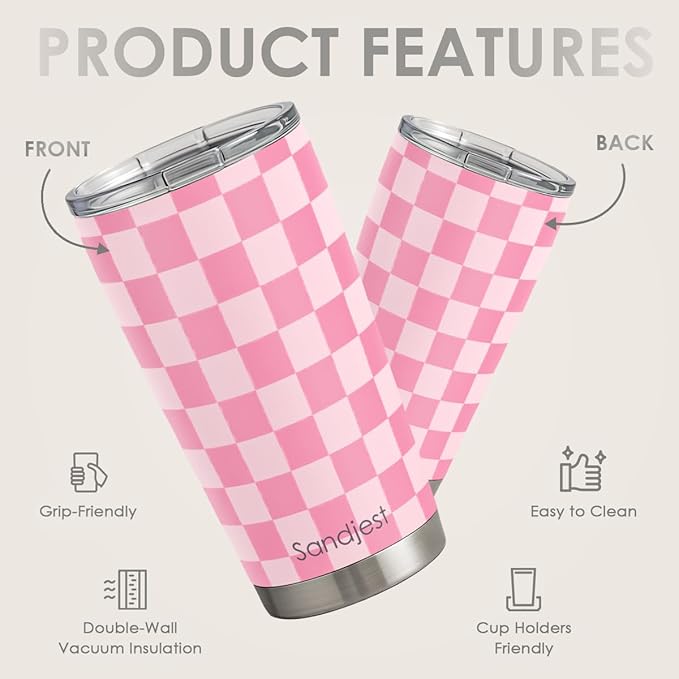 Checkered Tumbler 20oz Stainless Steel Insulated, Checker Travel Coffee Cup, Bow Gifts for Women Girls Teen, Birthday Christmas (Pink)