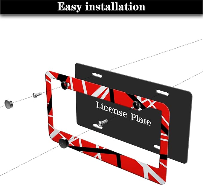 Automotive Exterior Accessories Red, Black, White License Plate Frames Rock Guitarist Red Black White Stripes Aluminum Metal Car Accessory 2 Pack with Screw Covers Set