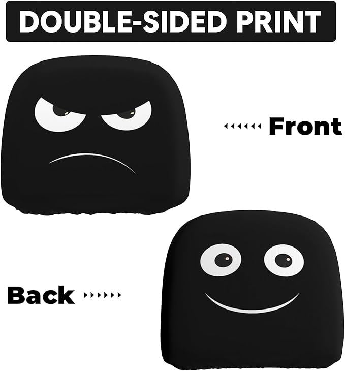 Funny Car Headrest Covers 2 Pack – Double-Sided Angry & Smile Face Design, Universal Stretch Seat Head Rest Protector for Cars, SUVs, Trucks