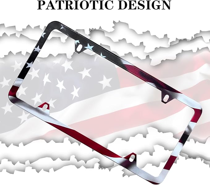 American Flag License Plate Frames - 2 Pack Universal Patriotic Matte Gloss Stars Stripe US Flag Stainless Steel Car Tag Frame Holder Covers with 4 Fluttering Flag Valve Stem Caps, Screws Fasteners