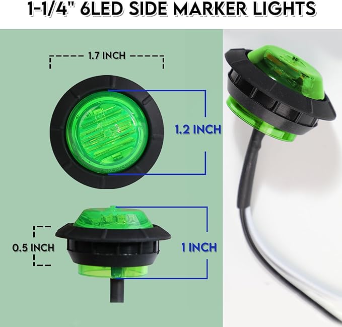 10 Pcs of 1-1/4 Inch Green Lights with 6 LEDs Mount Clearance Side Marker Lamp Bullet Marker Trailer Lights Universal 12V DC Vehicles RV Truck Pickup Van Boat Mack