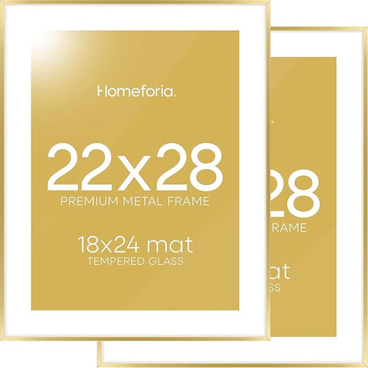 Homeforia 22x28 Picture Frame Gold, High End Metal 22 x 28 Large Poster Frames with Mat 18 by 24 for Photo, 22x28 Gold Frame Matted to 18x24 inch Print, 28x22 Frame, Tempered Glass, Wall Kit, Set of 2