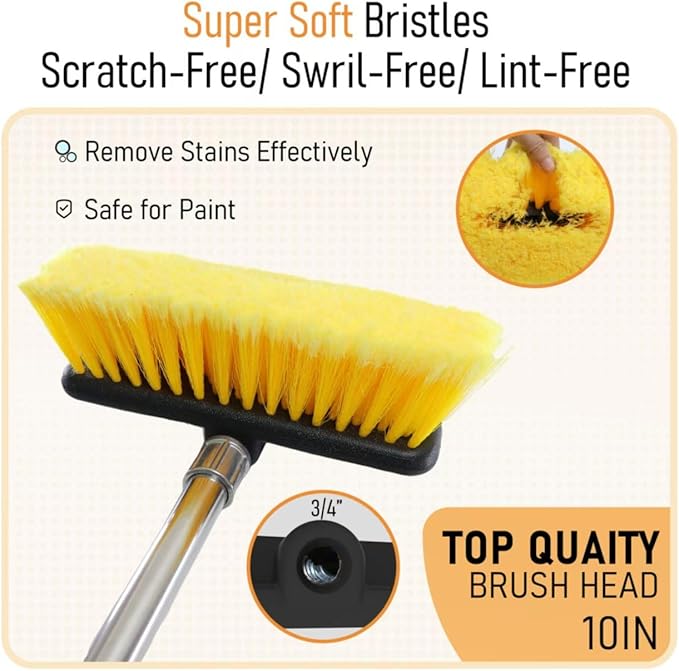 Car Wash Brush with 55" Long Handle | Car Wash 10" Dip Soft Brush | No Scratch Soft Bristle Brush for Car, RV, Boat, Solar Panel, House Siding, Snow, Floors Washing