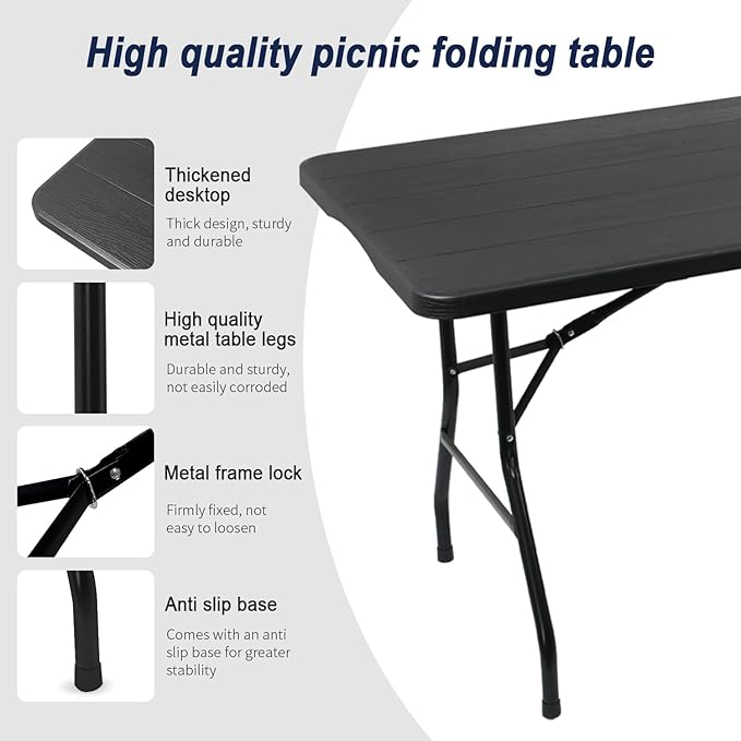 70.8" W X 29" D X 29" H - 6 ft Folding Table Black Wood Grain Portable Heavy Duty Plastic Fold-in-Half Utility Foldable Table for Camp,Picnic & Party