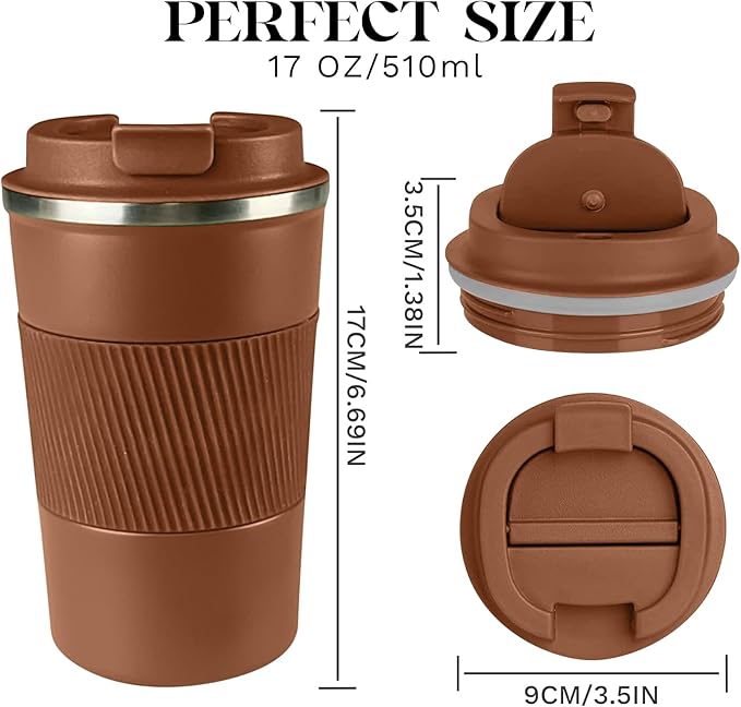 YINBAOGE Insulated Travel Coffee Mug, Spill & Leak Proof, Portable To Go Camping Stainless Steel Coffee Tumbler, Reusable Thermal Coffee Cup with Lid for Hot & Cold Drinks (Brown, 17 OZ)