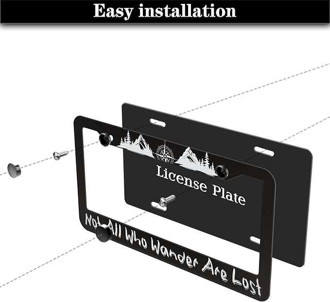 Metal License Plate Frame Black and White License Plate Frames Not All Who Wander are Lost Universal Aluminum Car Accessory 2 Pack with Screw Covers Set