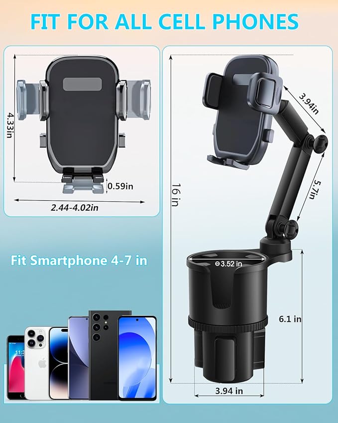 Cup Phone Holder for Car with Expandable Base, 2 in 1 Adjustable Hands Free Cell Phone Holders Car Cupholder Mount, Friendly Fit Large Bottle & iPhone All Cellphone for Truck SUV | No Shake Design