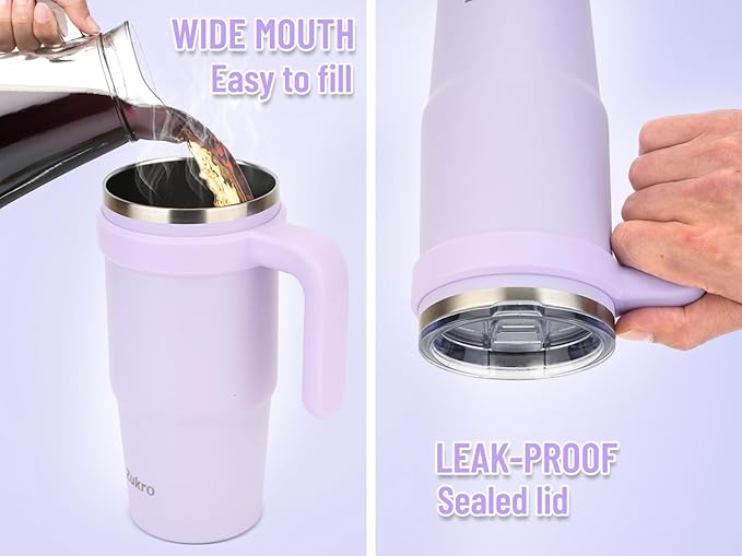 Zukro 24 oz Insulated Tumbler with Handle and Straw - Leakproof Stainless Steel Cup with Lid - Double-wall Travel Coffee Mug Keep Drinks Hot and Cold - Dishwasher Safe & Fit in Cupholder