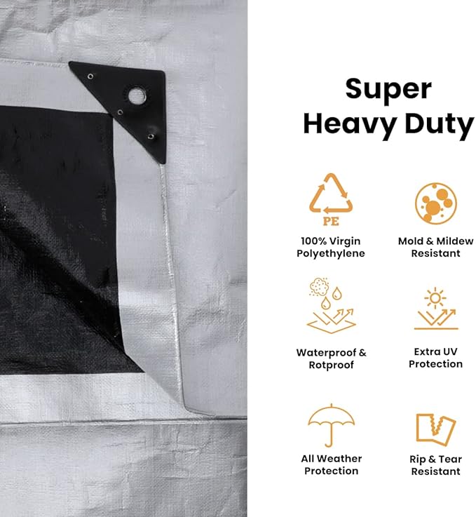 WHITEDUCK Super Heavy Duty Poly Tarp Cover 16 Mil & 10 Mil with Grommets and Reinforced Edges (Brown, White & Silver Black) (Silver Black- 16 Mil, 20' x 30')