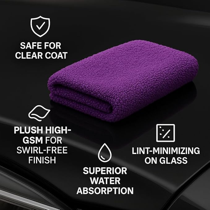 Paks - Edgeless Microfiber Towels 4-Pack - Car Detailing Wash Cloths for Cleaning - 16x16 Car Drying Towel - Lint Free Auto Rags for Polishing & Buffing - Purple & Grey Cleaning Supplies