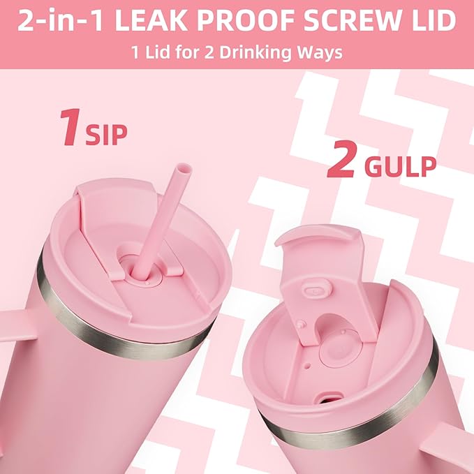 BJPKPK Insulated Tumbler with Handle, 22oz Insulated Tumblers with Lid and Straw, Stainless Steel Metal Water Bottles, Coffee Travel Mugs, Cups, Light Pink