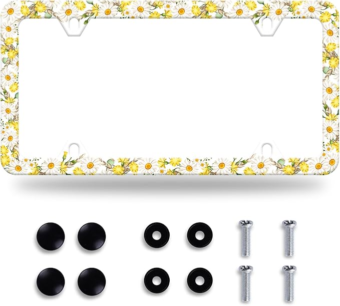 Daisy Flower License Plate Frame Beautiful Floral License Plate Stainless Steel Auto Parts Funny License Plate Decorative with Screws Size 12.3" x 6.3"