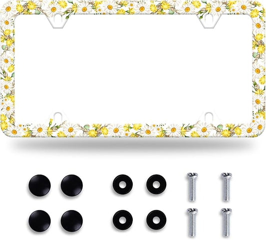 Daisy Flower License Plate Frame Beautiful Floral License Plate Stainless Steel Auto Parts Funny License Plate Decorative with Screws Size 12.3" x 6.3"