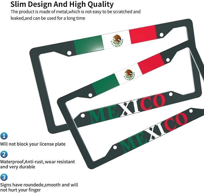Mexican Flag License Plate Frames Personalized Flag Decoration Car Tags Aluminum Metal License Plate Covers Customized Mexican Flag License Plate Holders for Men and Women with Screw Nut(2Pcs)