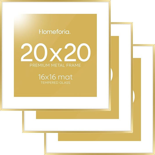 Homeforia 20x20 Picture Frame Gold, High End Metal 20 x 20 Square Poster Frame with Mat 16 x 16 Photo, 20x20 Frame Matted to 16x16 Print, 20by20 Gold Hanging Frames, Tempered Glass, Wall Kit, Set of 3