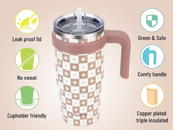 Zukro 24 oz Insulated Tumbler with Handle and Straw - Leakproof Stainless Steel Cup with Lid - Double-wall Travel Coffee Mug Keep Drinks Hot and Cold - Dishwasher Safe & Fit in Cupholder