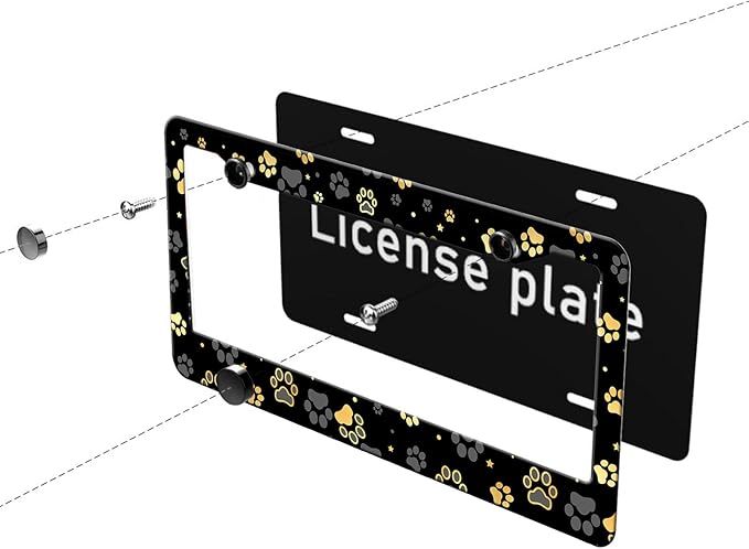 MIOAOSRT Gold Dog Paw Print License Plate Frame Dog Paw and Star License Plate Cover Car Tag Holder Metal License Plate Frame Fits Standard U.S.Vehicles 12x6 Inch