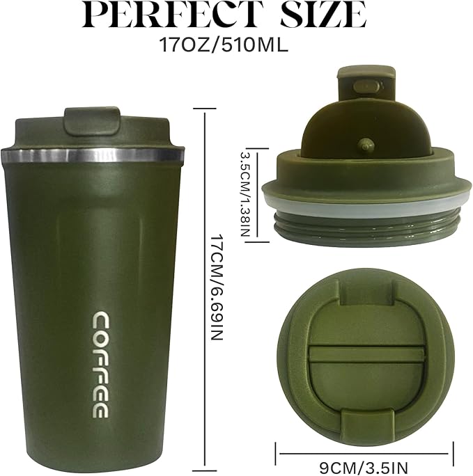 YINBAOGE Insulated Travel Coffee Mug, Spill & Leak Proof, Portable To Go Camping Stainless Steel Coffee Tumbler, Reusable Thermal Coffee Cup with Lid for Hot & Cold Drinks (2nd-Green, 17 OZ)